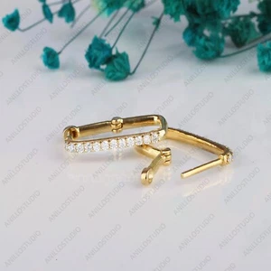 14k Yellow Gold Natural Diamond Minimalist Dainty Wedding Earlobe Hoop Earrings - Picture 1 of 4