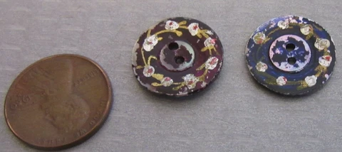 2 Victorian antique MOTHER OF PEARL BUTTONS etched flower wreath luster painted Cover