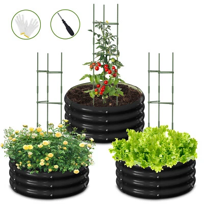 NAIZEA 3 Pcs 24x24x12inch Galvanized Raised Garden Bed with Tomato Cage Black - Image 1 of 4