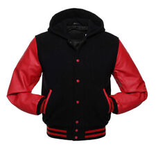 Varsity Letterman Hoodie Jacket with Black Wool and Genuine Red Leather Sleeves