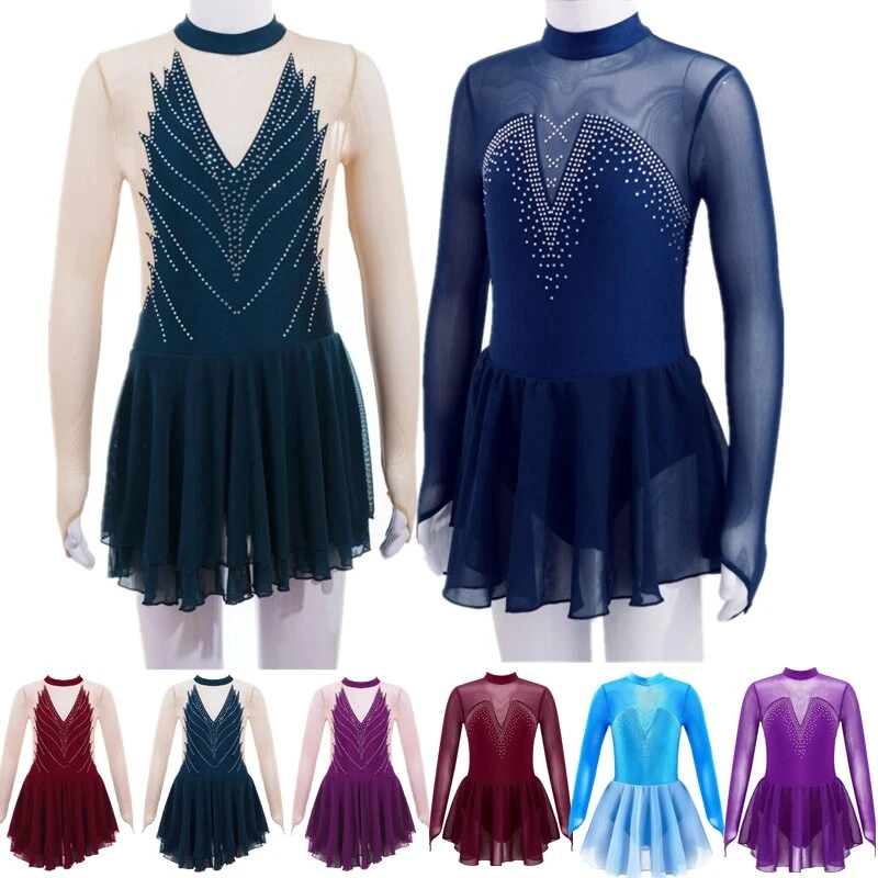 Girls Skating Dress Mesh Splice Dance Leotard Dress Gymnastics Dancewear Costume - Image 1 of 1