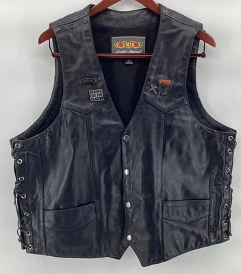 UNIK 皮革服装摩托车背心男式黑色 48 无袖骑手扣 — 第 1/4 张图片