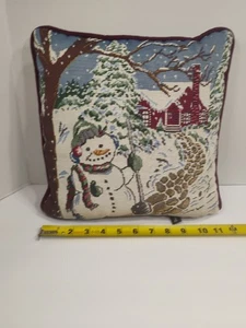 VTG Needlepoint Snowman Shoveling Toys Pillow Red Velvet Back 12” X 12" - Picture 1 of 6