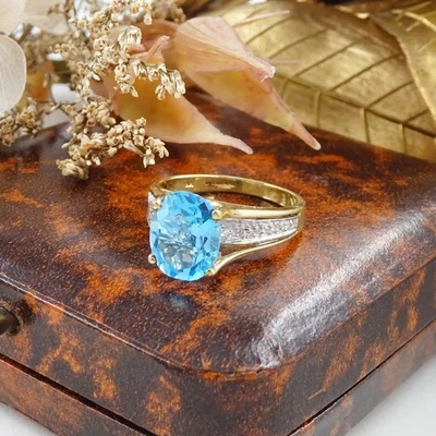 Vintage 9ct gold blue Topaz & Diamond ring, UK size L, Statement Cocktail - Image 1 of 4