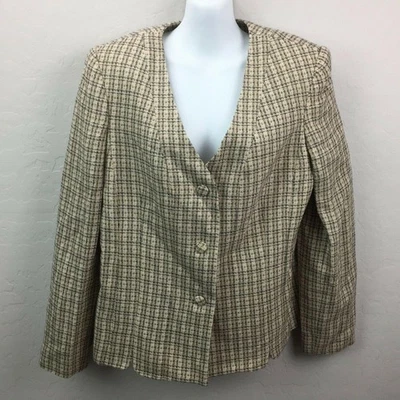 Traje chaqueta acolchada de tweed a cuadros beige Karen Scott para mujer botón al hombro talla 12 Foto 1 de 4