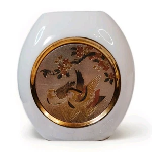 The Art of Chokin Mini Vase 5" Tall White & Gold Japan Ducks & Floral Blooms - Picture 1 of 6