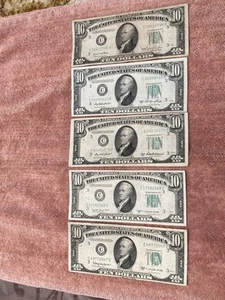 1950 10 $ Ten Dollar Philadelphia Federal Reserve Scheine hellgrünes Siegel 5 Stück - Bild 1 von 2