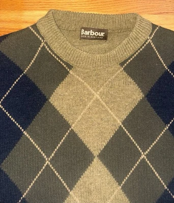 Suéter de lã Barbour feito na Escócia Argyle XL verde pulôver vintage #86 - Imagem 1 de 3