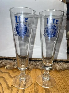 MILLER LITE VASO CERVEZA LOGO AZUL PEDESTAL 8.5" Lote De 2 Tallos - Imagen 1 de 7