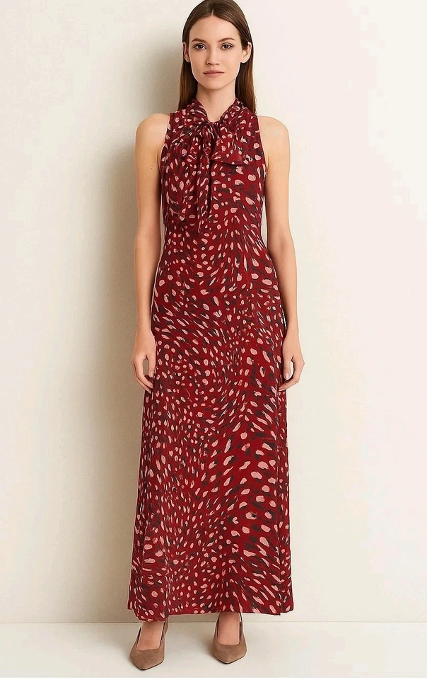 Banana Republic Womens Long Maxi Dress XS Tall Red Animal Print Bow Tie Neck NWT - Image 1 of 4