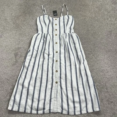 Abercrombie Fitch Dress XSP White Blue Stripe Linen Blend Pockets Lined Knee NWT - Image 1 of 4