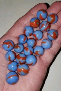 21 antike Akro Achat/ Peltier Christensen blau Wirbel orange Flamme Glasmurmeln - Bild 1 von 9