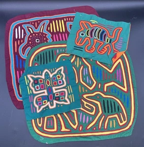 Lot of 4 Mola Panama Folk Art Textile Panel Hand Written Tags (X) - Picture 1 of 13