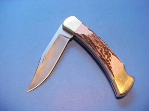 RARE UNUSED CUSTOM BUCK 110 KNIFE MONTANA ELK STAG HANDLE SHEATH CLAM SHELL READ - Picture 1 of 19