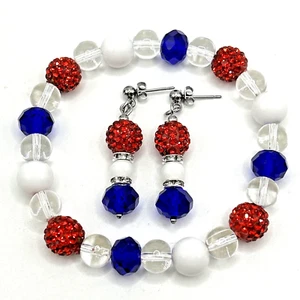 8" Patriotic USA Red/White/Blue Glass Beaded Stretch Bracelet & Earrings Set - Picture 1 of 4
