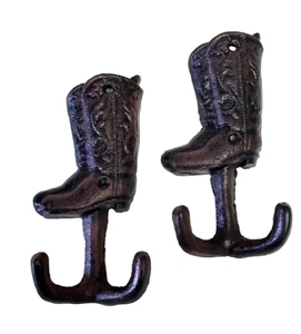 Cowboy Boot Western Cast Iron Wall Mount Double Hooks Hangers Set of 2 - 5.5" - Picture 1 of 7