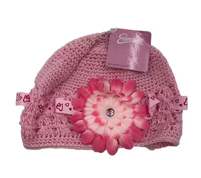 Expressions Baby Girl Hat, Pink Knit With Flower & Love, Brand New With Tag, NWT - Image 1 of 4