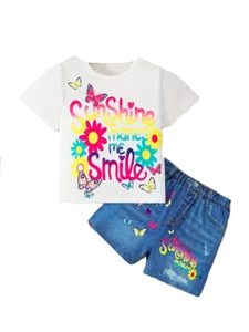 New Shorts Set Girls 5 Flowers Butterflies Sunshine Faux Denim Outfit - Picture 1 of 3