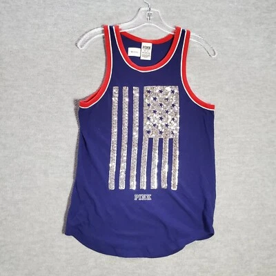 Top Rosa Victorias Secret Mujer XS Azul Sin Mangas Tanque Bandera América Lentejuelas Foto 1 de 4