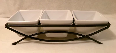 MODERN WHITE 4 PC CONDIMENT/DIPPING SET - 3 STONEWARE BOWLS w/WROUGHT IRON STAND - Image 1 of 4