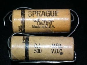 Two vintage SPRAGUE capacitors 0.1uF 500V NOS Guitar Amp MICAMOLD WAX PAPER - Picture 1 of 12