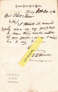 HANLEY CANNON STREET BRICKWORKS POTTER STAFFORDSHIRE 1876 VINTAGE STAFFS LETTER - Bild 1 von 1
