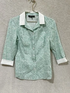 Lafayette 148 Striped Button Up Shirt Size 2 Green White 3/4 Sleeve Luxury - Picture 1 of 6