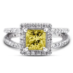 1.95ct Yellow VS2 Princess Natural Certified Diamonds Plat Halo Engagement Ring - Picture 1 of 10