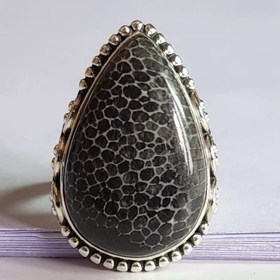 Anillo de joyería hecho a mano de plata de ley 925 con piedras preciosas naturales de coral negro de 3 a 12 Foto 1 de 4