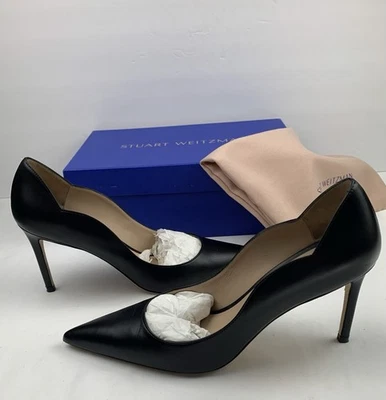 $475 Stuart Weitzman black scallop pumps heels stilettos calf leather size 9.5 B - Image 1 of 4