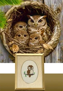 VTG Owl Needlepoint Brass Framed Wall Art Picture Sz 4.5x3.4” Rustic Cabin Decor - Afbeelding 1 van 4