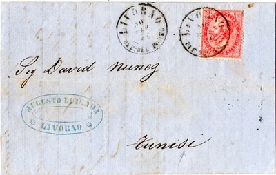 Italy 1864, 60 C. Cover from Livorno Off. DEL POSTAGE n. Tunisia.   - Image 1 of 2