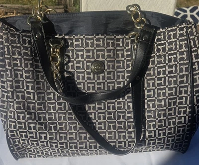 Tommy Hilfiger Black & Tan Tote Bag With Gold Chain Handles Large - Image 1 of 4