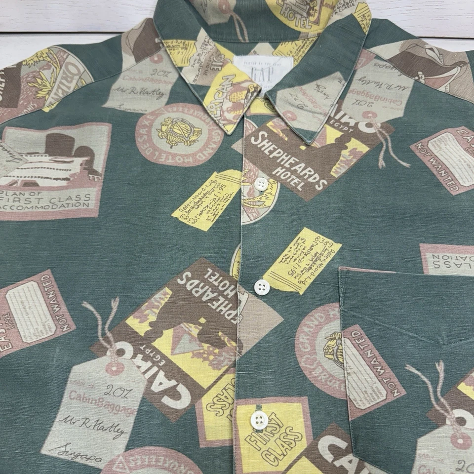 Camisa havaiana masculina Gap linho L bilhete de viagem short slv vintage anos 90 Y2k tamanho grande - Imagem 1 de 4