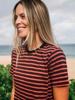 VOLCOM WOMENS Stacking Up Crew Short Sleeve Striped Boy Tee M 8 Bark Brown $38 - Image 1 of 4