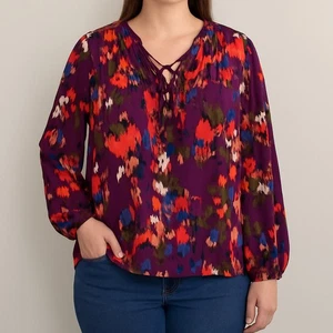 Blusa para mujer XL multicolor estampado abstracto manga larga cuello en V túnica top púrpura  - Imagen 1 de 8