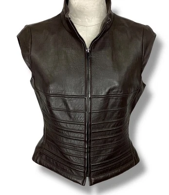 Worth Brown Leather Vest Size 4 High Collar Zip Cap Sleeve Croc Lined Chocolate - Image 1 of 4