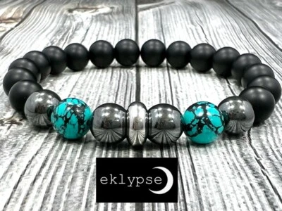 8"L Stainless Steel 10mm Turquoise+Hematite+Onyx Gemstone Beaded Men’s Bracelet - Image 1 of 4