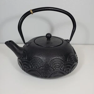 Black Cast Iron Wave Teapot Kettle with Lid and Tea Strainer Used Unbranded - Picture 1 of 9
