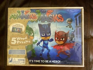 PJ MASKS 5 Wood Puzzles Set w/Tray & Storage Box by Cardinal NEW SEALED - Picture 1 of 5