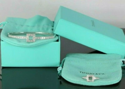 $11950 Tiffany & Co Platino Redondo Diamante Anillo Cuadrado Abierto Brazalete Conjunto de Joyería Foto 1 de 4