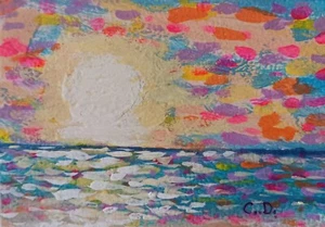 ACEO Original Sunset Seascape Painting Signed Collectible Impressionism Art ATC - Picture 1 of 1