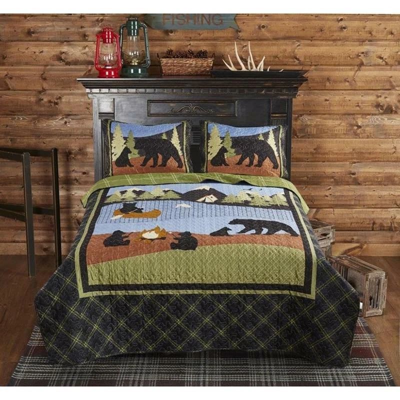 Black Bear Camping 3pc Queen Quilt Set Campfire Lake Cabin Lodge Camper RV