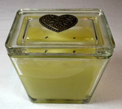 Double Wick Lemon Yellow Rectangular Glass Candle w/ Ornate Silver Etched Heart - Image 1 of 4