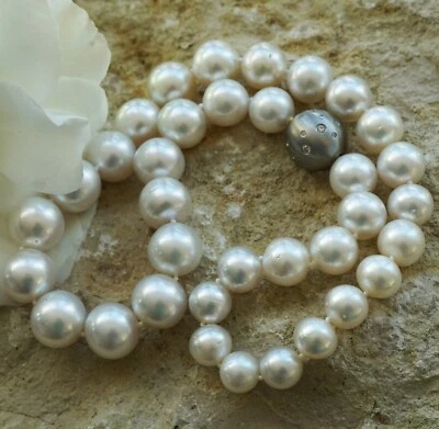 SÜDSEE Zuchtperl Collier weiss-l. creme AAA+ FEINER LÜSTER rund 14,8 - 11 mm Wav - Bild 1 von 4