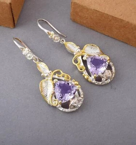 Earrings Amethyst Silver 925 Gemstone Natural Sterling Dangle Drop/Dangle Drop - Picture 1 of 5