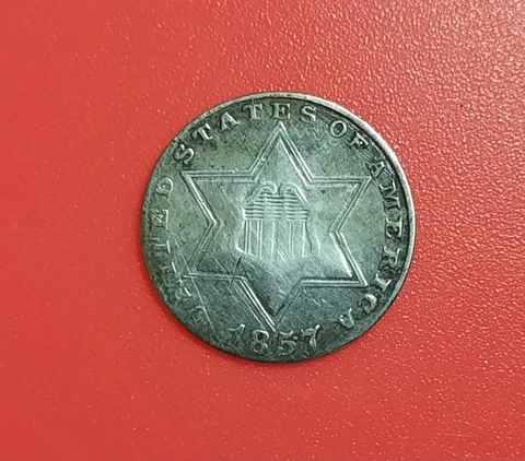 1857 Three Cent Silver Piece•Well Circulated•Key-Date •Free Shipping • Cover