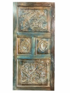 Vintage Blue Door Floral Carved Teak Wood Panel Artistic Carved Barn Door Panel