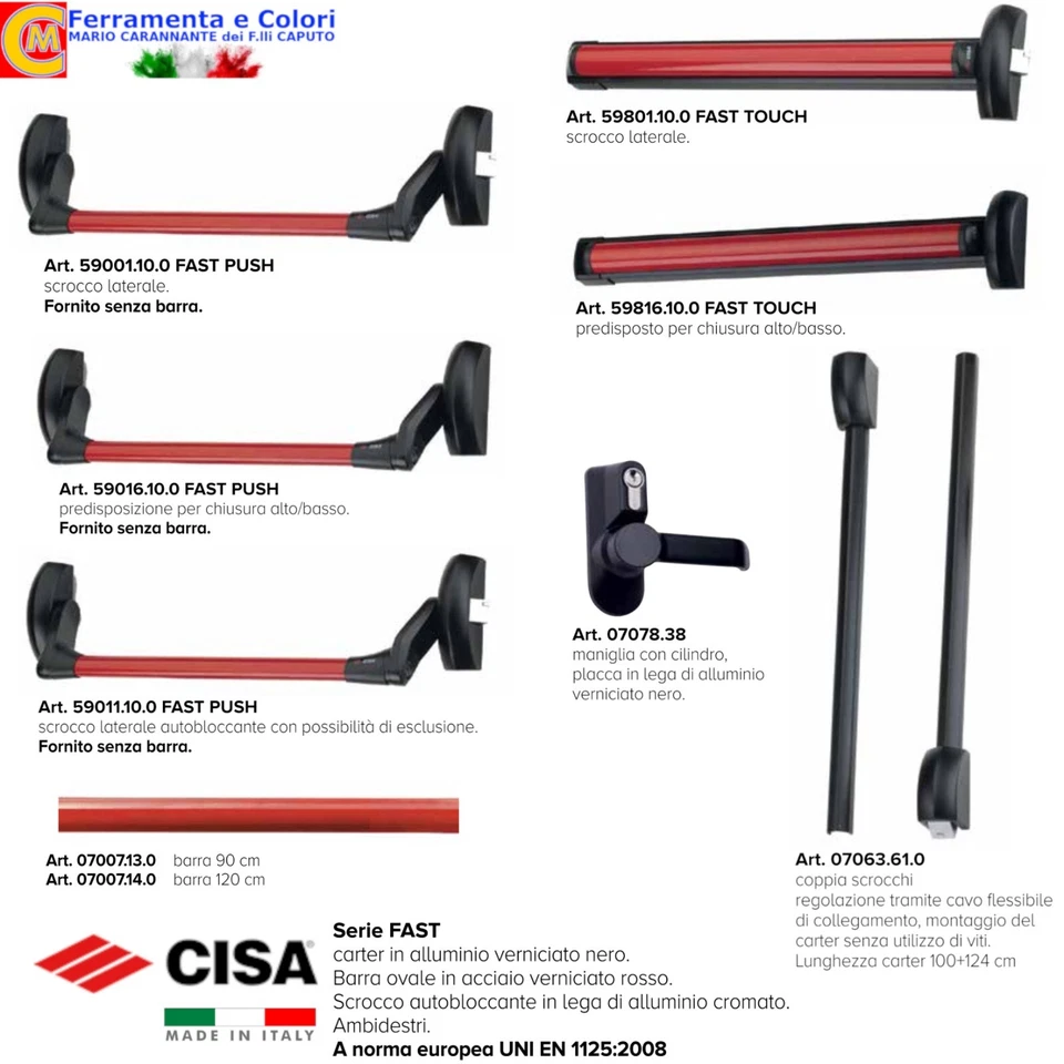 Maniglione Antipanico CISA Barra Rossa FAST Push Touch Porte Sicurezza 90-120 cm - Bild 1 von 1