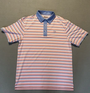 Straight Down Polo Shirt Men Large Salmon Blue White Stripes Short Sleeves - Picture 1 of 12
